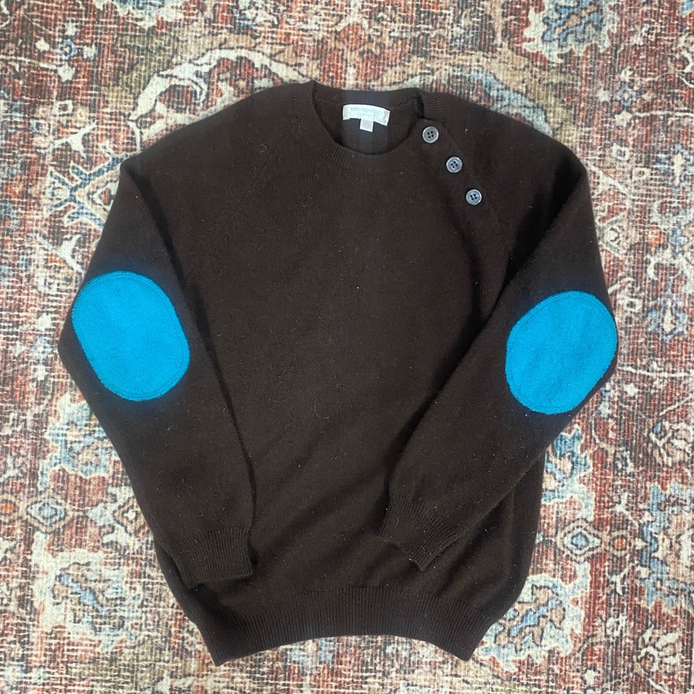 Eric Bompard 100% pure cashmere chocolate brown with blue elbow patch sweater 6